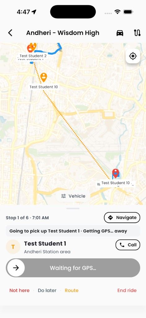 Driver active run: map with student pins, slide to pick up, Call, Not here, End ride