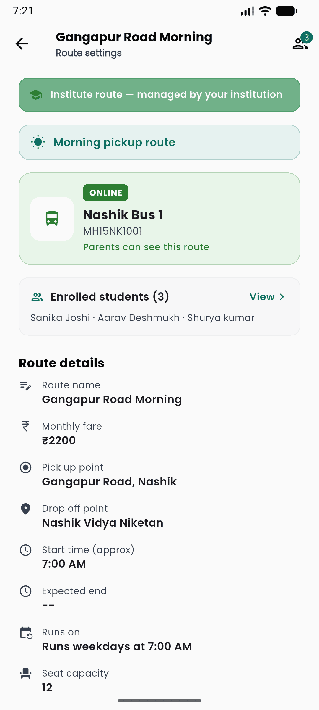 Route settings: Gangapur Road Morning, monthly fare, pickup and drop, start time, runs weekdays, seat capacity