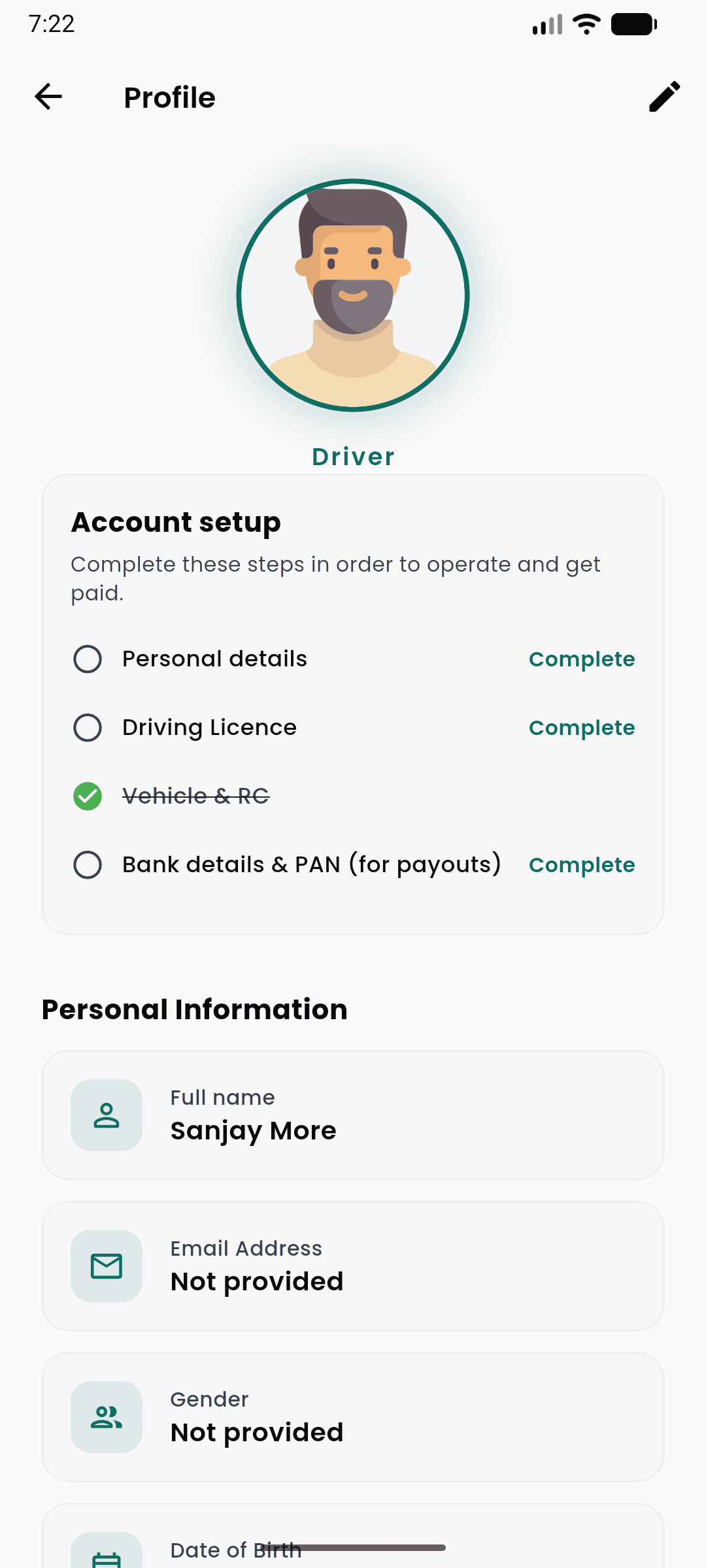 Driver account setup checklist showing personal details, driving licence, vehicle and RC, and bank details all marked verified