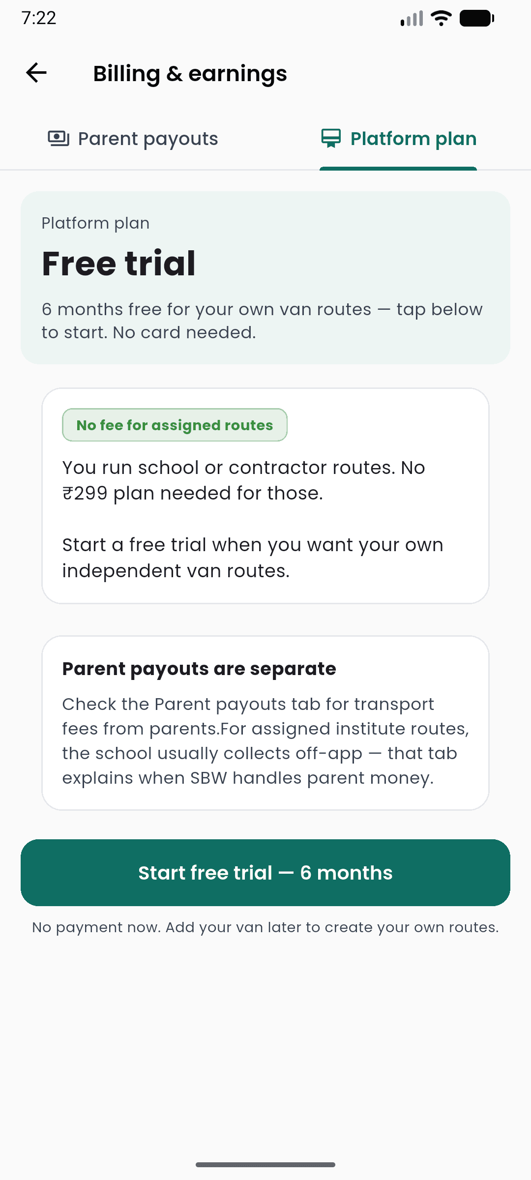 Billing and earnings screen showing the platform plan and parent payouts tracked separately