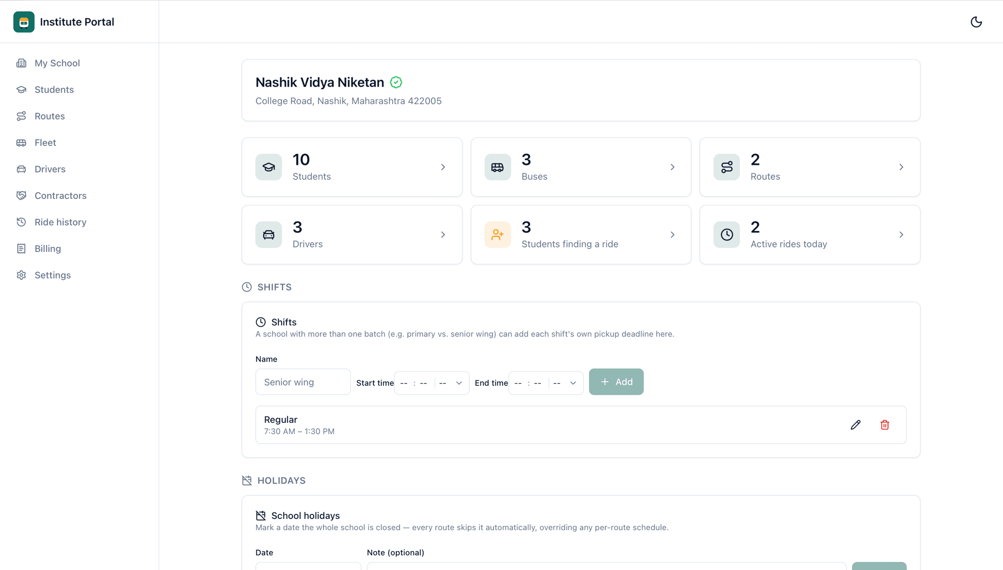 Institute dashboard with fleet, route, and enrollment overview