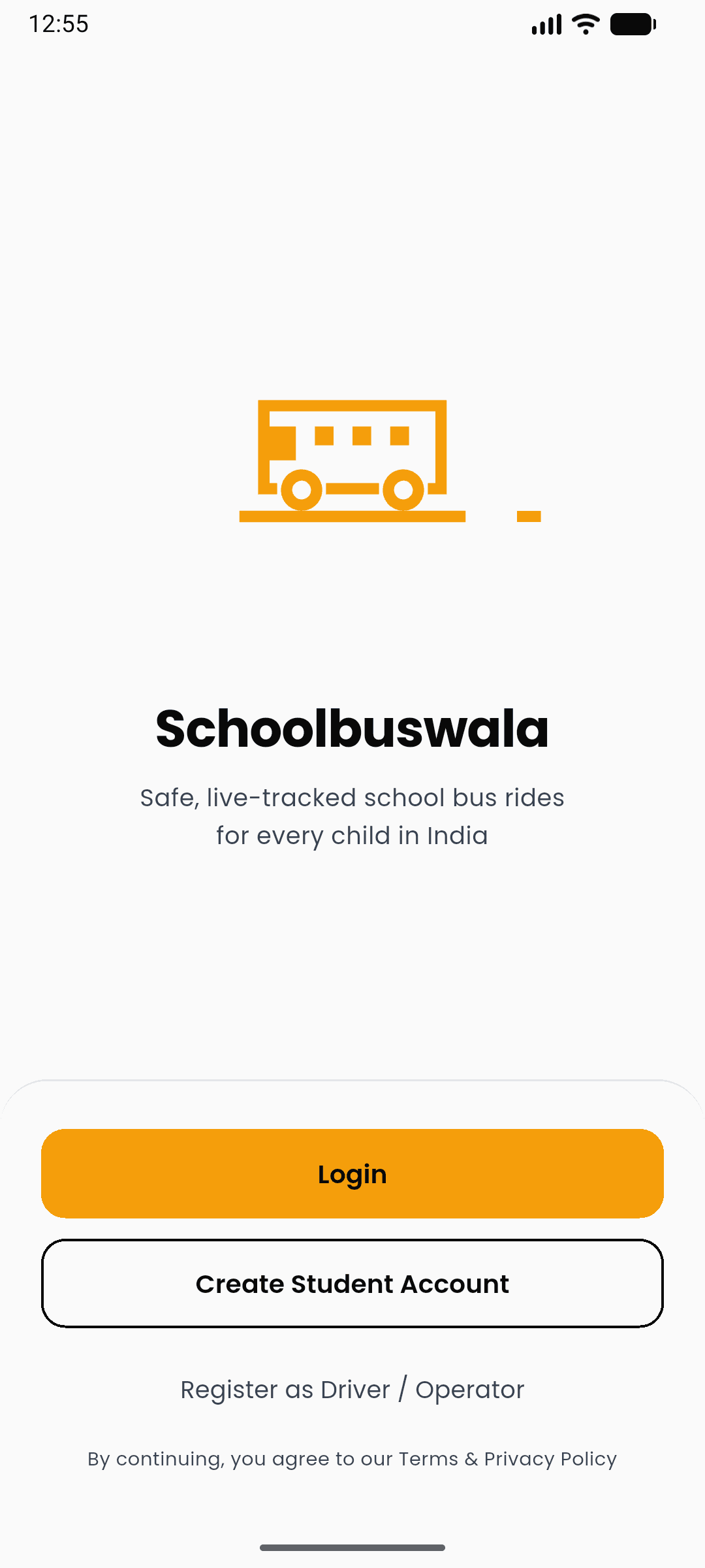 Welcome screen with Login and Create Student Account