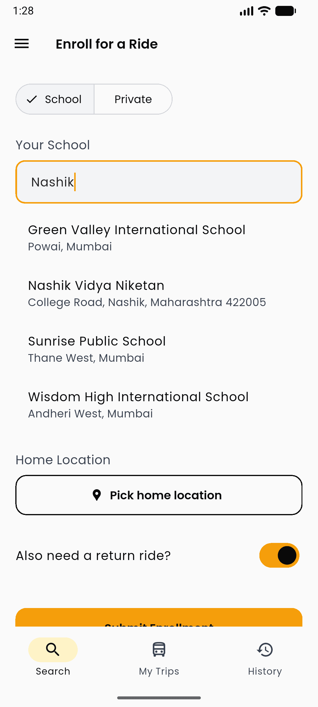 School search showing live results: Green Valley, Nashik Vidya Niketan, Sunrise, Wisdom High