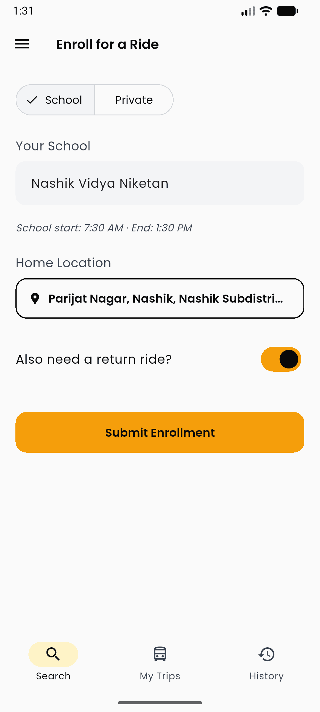 Completed enrollment form: Nashik Vidya Niketan, home in Parijat Nagar, return ride on