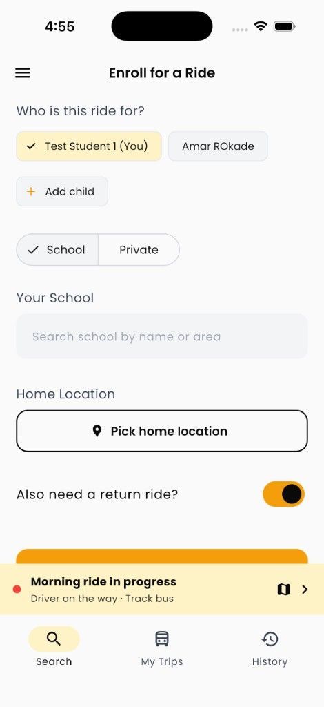 Sticky bar: Morning ride in progress, Driver on the way, Track bus — visible on Enroll screen