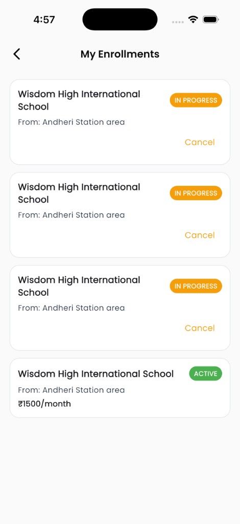 My Enrollments: ACTIVE Wisdom High ₹1500/month, pending requests with Cancel