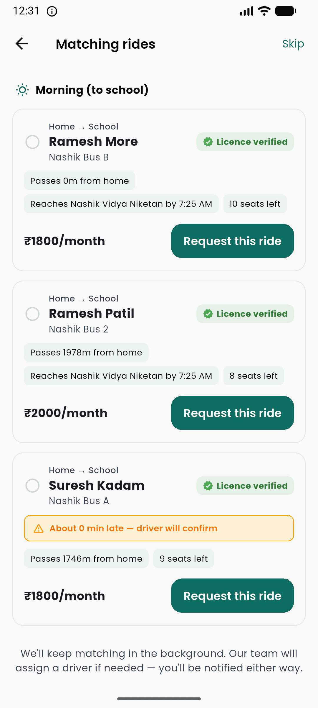 Matching rides: verified Nashik drivers ranked by distance from home, arrival time, seats left, and monthly fare