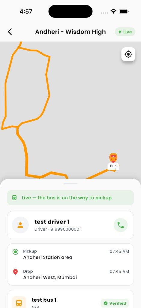 Live tracking: bus on map, verified driver and vehicle, Live badge, call driver