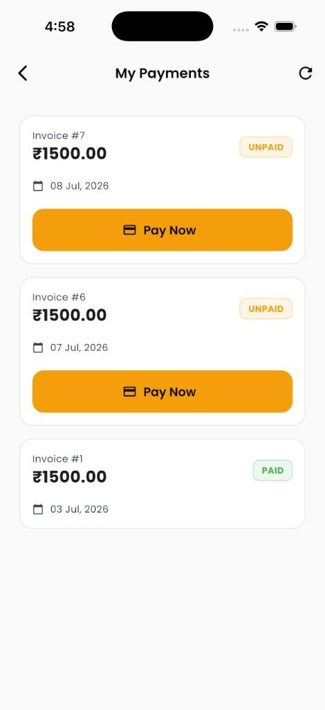 My Payments: Invoice #7 and #6 UNPAID with Pay Now, Invoice #1 PAID