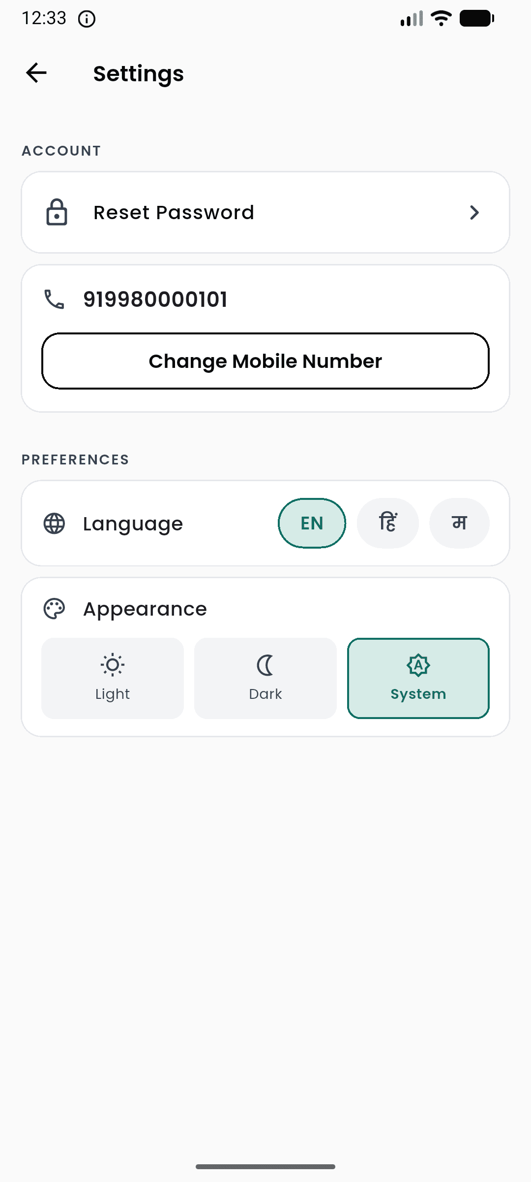 Settings: language toggle English / हिं / म and Light / Dark / System appearance
